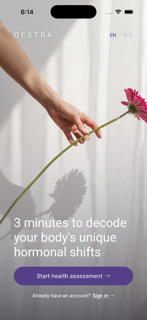 Oestra app splash — 3 minutes to decode your body’s unique hormonal shifts